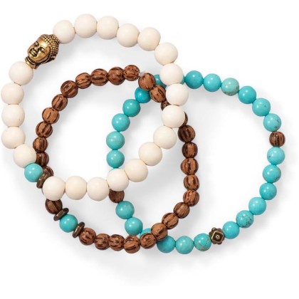 Wood and Magnesite Buddha Stretch Bracelet Set Three 7 Inch Bracelets First Has 5.5mm Beads Jewelry for Women