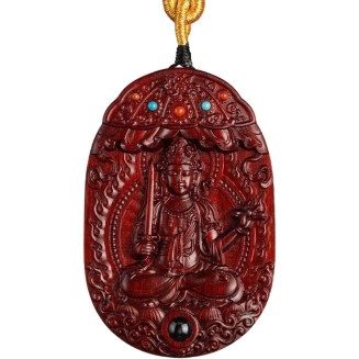 Rosewood Buddha Statue Pendant Necklace, Tibetan Buddhist Jewelry, Feng Shui Wealth Protection Lucky Amulet, Ward Off Evil Talisman, Handmade Wood Carving Religion Gift