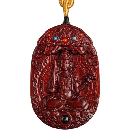 Rosewood Buddha Statue Pendant Necklace, Tibetan Buddhist Jewelry, Feng Shui Wealth Protection Lucky Amulet, Ward Off Evil Talisman, Handmade Wood Carving Religion Gift