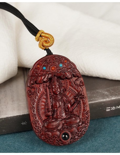 Rosewood Buddha Statue Pendant Necklace, Tibetan Buddhist Jewelry, Feng Shui Wealth Protection Lucky Amulet, Ward Off Evil Talisman, Handmade Wood Carving Religion Gift