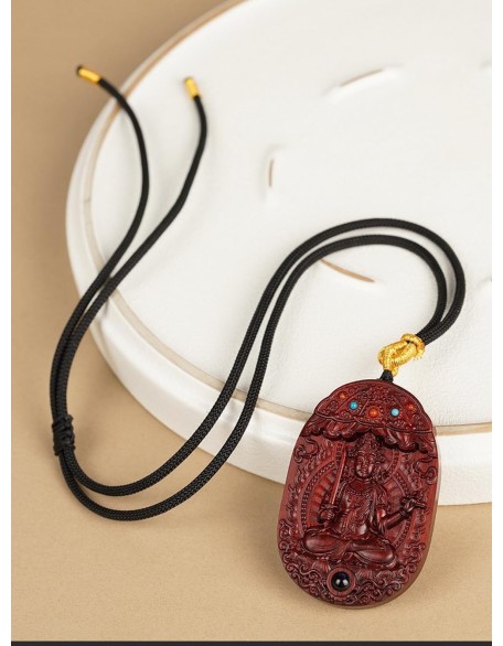 Rosewood Buddha Statue Pendant Necklace, Tibetan Buddhist Jewelry, Feng Shui Wealth Protection Lucky Amulet, Ward Off Evil Talisman, Handmade Wood Carving Religion Gift