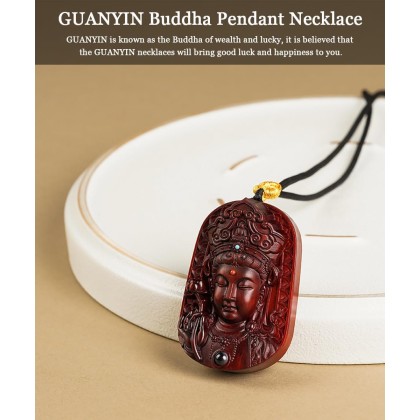 Sandalwood Buddha Statue Pendant Necklace, Feng Shui Rosewood Handmade Wood Carving, Tibetan Buddhist Jewelry for Zen Meditation Decor, Wealth Luck Amulet, Religion Gift
