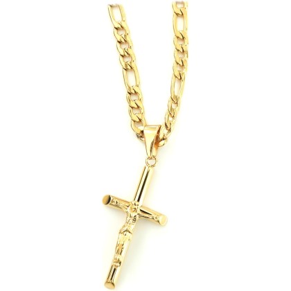 18K Gold Crucifix Cross Chain Style Small Cross Pendant Necklace 5MM Cross Necklace Clasp for Men, Women, Husband, Wife Thin for Charms Cuban Link Diamond Cut Religious Gift