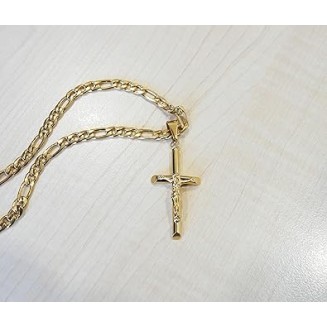 18K Gold Crucifix Cross Chain Style Small Cross Pendant Necklace 5MM Cross Necklace Clasp for Men, Women, Husband, Wife Thin for Charms Cuban Link Diamond Cut Religious Gift