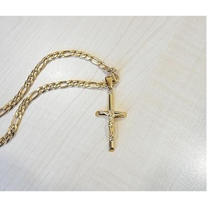 18K Gold Crucifix Cross Chain Style Small Cross Pendant Necklace 5MM Cross Necklace Clasp for Men, Women, Husband, Wife Thin for Charms Cuban Link Diamond Cut Religious Gift