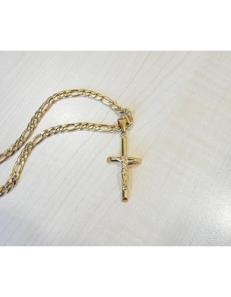 18K Gold Crucifix Cross Chain Style Small Cross Pendant Necklace 5MM Cross Necklace Clasp for Men, Women, Husband, Wife Thin for Charms Cuban Link Diamond Cut Religious Gift