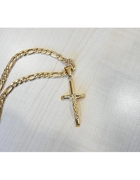 18K Gold Crucifix Cross Chain Style Small Cross Pendant Necklace 5MM Cross Necklace Clasp for Men, Women, Husband, Wife Thin for Charms Cuban Link Diamond Cut Religious Gift