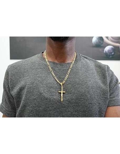 18K Gold Crucifix Cross Chain Style Small Cross Pendant Necklace 5MM Cross Necklace Clasp for Men, Women, Husband, Wife Thin for Charms Cuban Link Diamond Cut Religious Gift