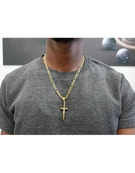 18K Gold Crucifix Cross Chain Style Small Cross Pendant Necklace 5MM Cross Necklace Clasp for Men, Women, Husband, Wife Thin for Charms Cuban Link Diamond Cut Religious Gift