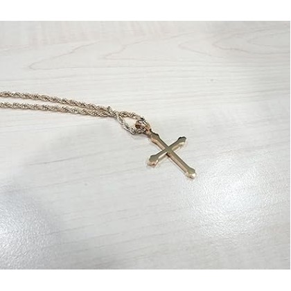 14K Gold Cross Necklace Pendant Charm with 3MM Rope Chain Gift for Men Women Baptism Religious Fashion Jewelry