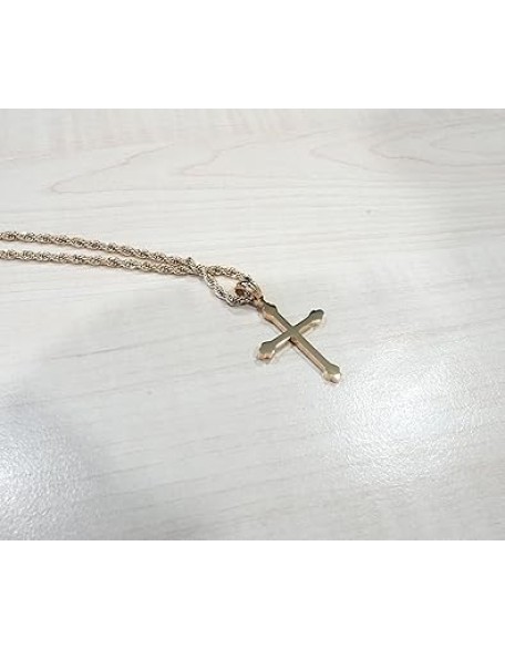 14K Gold Cross Necklace Pendant Charm with 3MM Rope Chain Gift for Men Women Baptism Religious Fashion Jewelry