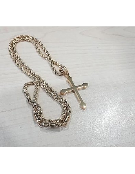 14K Gold Cross Necklace Pendant Charm with 3MM Rope Chain Gift for Men Women Baptism Religious Fashion Jewelry
