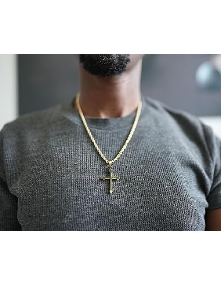 14K Gold Cross Necklace Pendant Charm with 3MM Rope Chain Gift for Men Women Baptism Religious Fashion Jewelry