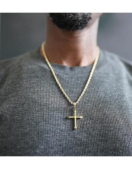 14K Gold Cross Necklace Pendant Charm with 3MM Rope Chain Gift for Men Women Baptism Religious Fashion Jewelry