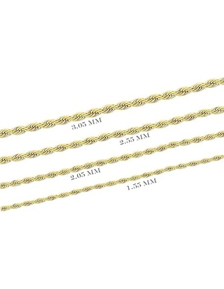 Real 14K Yellow Gold Solid Rope Chain Necklace for Women and Men Jewelry with Lobster Clasp, 1.55-3.05mm, 16-30inch
