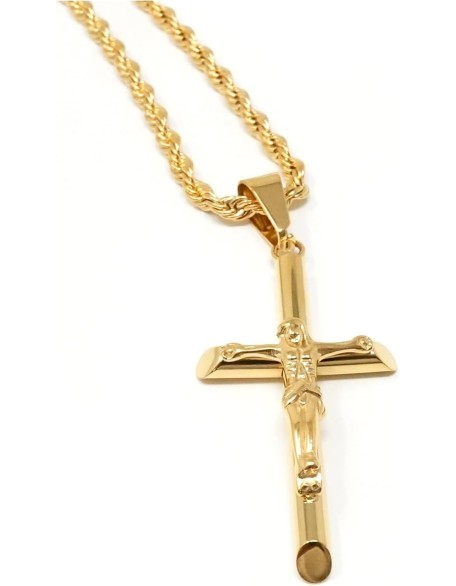 24K Gold Rope Chain Crucifix Style Cross Pendant Necklace 3MM Cross Necklace Clasp for MEN, HUSBAND Thin for Charms Miami Cuban Link Diamond Cut Religious