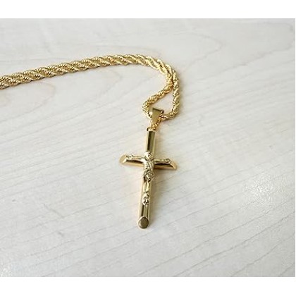 24K Gold Rope Chain Crucifix Style Cross Pendant Necklace 3MM Cross Necklace Clasp for MEN, HUSBAND Thin for Charms Miami Cuban Link Diamond Cut Religious