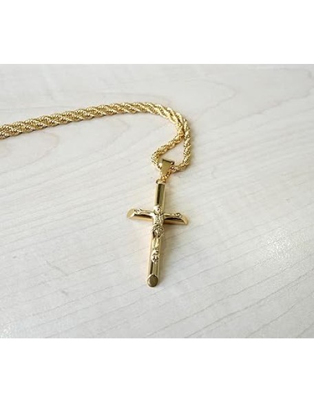 24K Gold Rope Chain Crucifix Style Cross Pendant Necklace 3MM Cross Necklace Clasp for MEN, HUSBAND Thin for Charms Miami Cuban Link Diamond Cut Religious