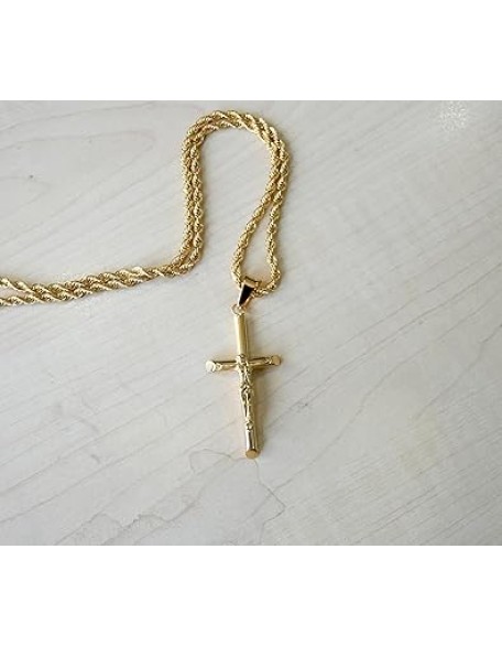 24K Gold Rope Chain Crucifix Style Cross Pendant Necklace 3MM Cross Necklace Clasp for MEN, HUSBAND Thin for Charms Miami Cuban Link Diamond Cut Religious