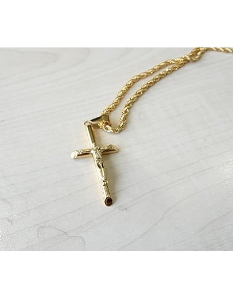 24K Gold Rope Chain Crucifix Style Cross Pendant Necklace 3MM Cross Necklace Clasp for MEN, HUSBAND Thin for Charms Miami Cuban Link Diamond Cut Religious