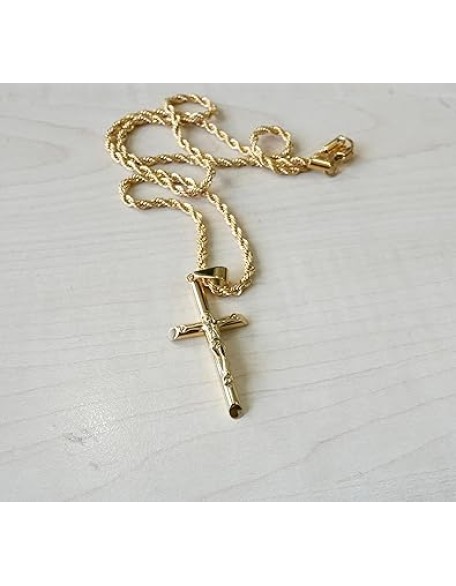 24K Gold Rope Chain Crucifix Style Cross Pendant Necklace 3MM Cross Necklace Clasp for MEN, HUSBAND Thin for Charms Miami Cuban Link Diamond Cut Religious