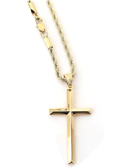 18K Gold Rope Chain Style Cross Pendant Necklace 3MM Cross Necklace Clasp for MEN, HUSBAND Thin for Charms Miami Cuban Link Diamond Cut Religious Beveled Edge