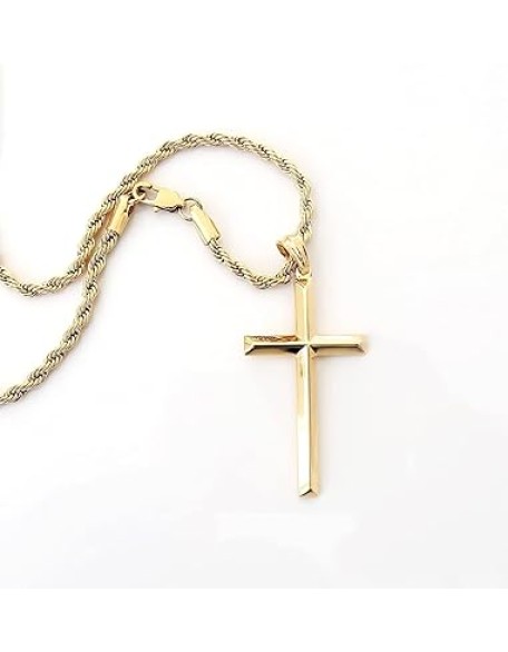 18K Gold Rope Chain Style Cross Pendant Necklace 3MM Cross Necklace Clasp for MEN, HUSBAND Thin for Charms Miami Cuban Link Diamond Cut Religious Beveled Edge