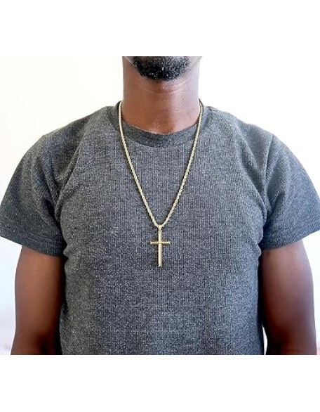18K Gold Rope Chain Style Cross Pendant Necklace 3MM Cross Necklace Clasp for MEN, HUSBAND Thin for Charms Miami Cuban Link Diamond Cut Religious Beveled Edge