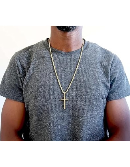 18K Gold Rope Chain Style Cross Pendant Necklace 3MM Cross Necklace Clasp for MEN, HUSBAND Thin for Charms Miami Cuban Link Diamond Cut Religious Beveled Edge