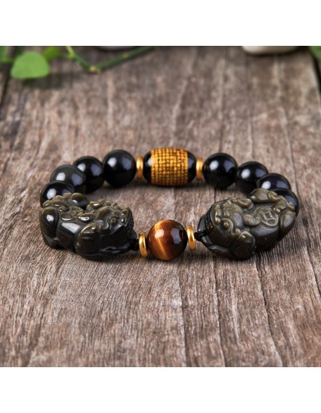 Natural Gold Obsidian Double Pixiu Bracelet