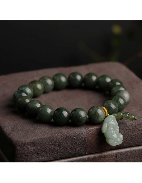 Green Jade Bracelet with Pixiu - Invite Wealth & Calming Energies