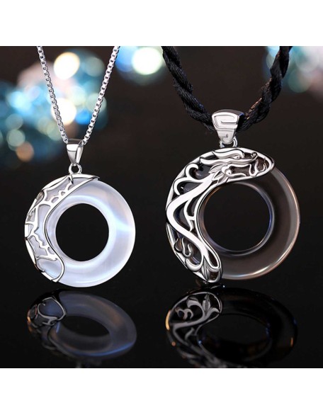 Dragon & Phoenix Couple Necklace - Obsidian & Opal Pendants for Protection