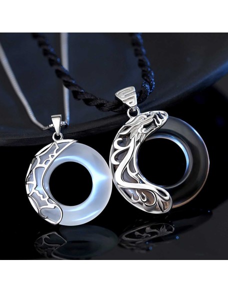 Dragon & Phoenix Couple Necklace - Obsidian & Opal Pendants for Protection
