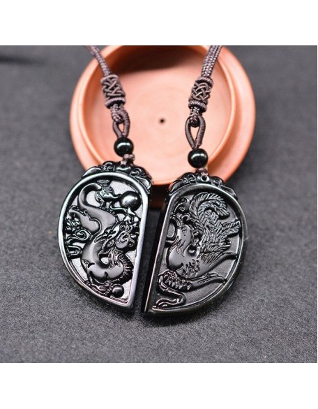 Half Heart Necklace for Couples - Obsidian Dragon and Phoenix Pendant Set