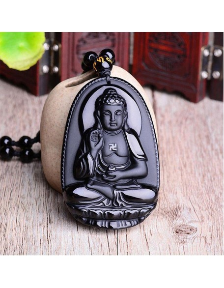 Black Obsidian Buddha Necklace Pendant - Protection & Courage