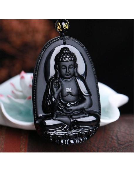 Black Obsidian Buddha Necklace Pendant - Protection & Courage