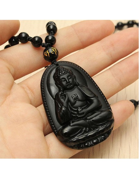 Black Obsidian Buddha Necklace Pendant - Protection & Courage