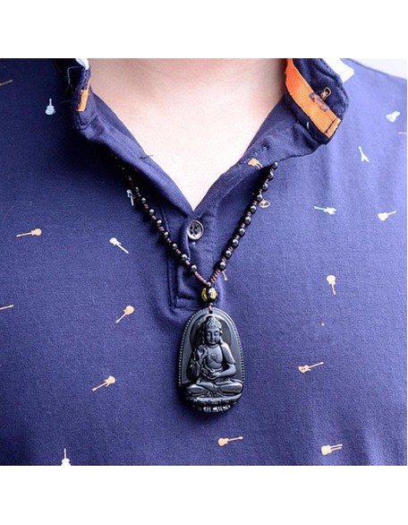 Black Obsidian Buddha Necklace Pendant - Protection & Courage