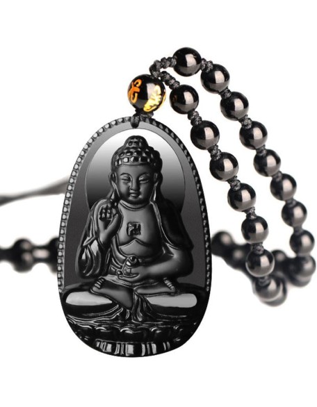 Black Obsidian Buddha Necklace Pendant - Protection & Courage