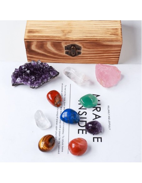 Crystal Box - Set of 7 Chakra Stones, Rose Quartz & Amethyst Cluster