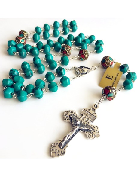 elegantmedical Turquoise TIBET COPPER BEADS STERLING 925 SILVER ROSARY NECKLACE Catholic