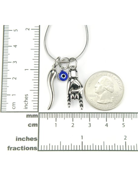 Mano Cornuto, Cornicello, and Nazar combo Necklace, on 18" Snake Chain, Italian Lucky Hand Horn Anti Evil Eye Good Luck Amulet Protection Charms All Stainless