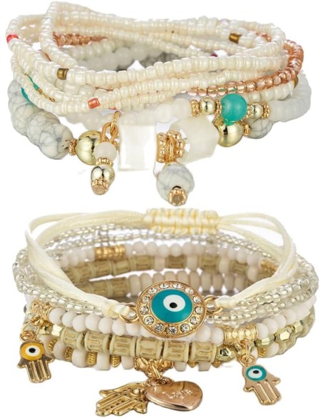 4 Piece/Set Bohemian Evil Eye Beaded Stretch Bracelet Multilayer Hamsa hand Boho Adjsutable Beads Wristband Lucky Amulet Bangle for Women Girls
