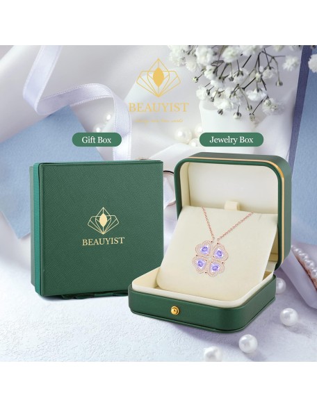2 IN 1 Lucky Four Leaf Clover Necklaces for Women & Girls, Shamrock CZ Birthstone folding Heart Necklace