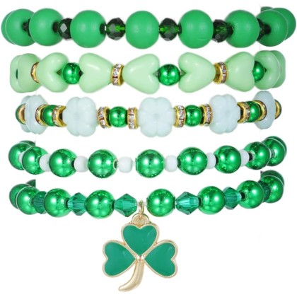 Cute Wooden Beads Bracelet Set Handmade Dwarf Hat Irish Shamrock Wooden Green Clover Strecth Bracelets